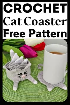 there is a crochet cat coaster with a coffee cup on it