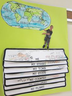 a child's drawing of a man standing on top of a stack of books