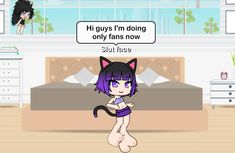 a cartoon girl with purple hair standing in front of a bed next to a black cat