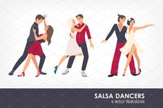 the salsa dancers are dancing in different poses