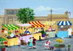 a painting of people shopping at an outdoor market