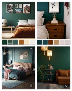 four different pictures of a bedroom with green walls and brown furniture, including a bed