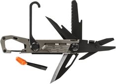 a multi - tool with multiple tools attached to it and an orange handled knife next to it