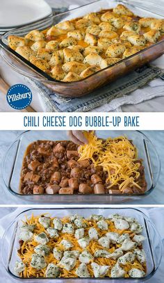 the steps to make cheesy dog bubble - up bake are shown here