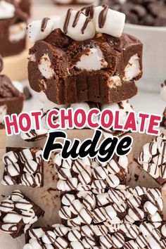 hot chocolate fudge cake with marshmallows on top and the words hot chocolate fudge above it