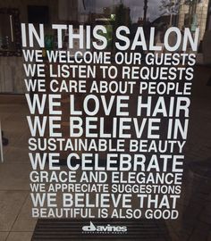 a sign that says in this salon we listen to our guests, we care about people