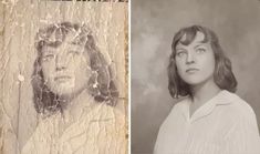 an old photo of a woman with her eyes closed next to a portrait of a woman's face