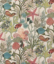 an upholstered wallpaper with colorful flowers and birds on white background, including corals