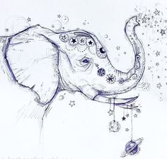 an elephant with stars on its head and some beads hanging from it's trunk