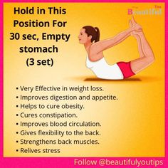 a woman doing yoga poses with the words hold in this position for 30 sec, empty stomach 3 set