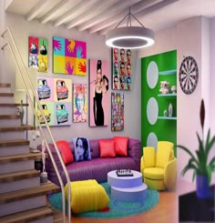 a living room filled with lots of furniture and paintings on the wall next to a stair case