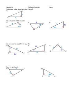 worksheet for the triangle and its corresponding side angles, including two right triangles