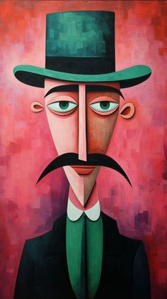 a painting of a man with a green hat and mustache on a red background that looks like he's wearing a top hat