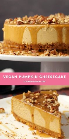 a slice of vegan pumpkin cheesecake on a plate