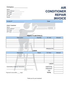 the air conditioner repair invoice form is shown with an image of a man sitting