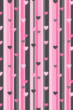 pink and black hearts on striped background with vertical stripes, seamless pattern for fabric or wallpaper