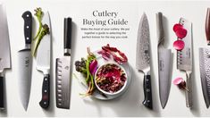 several knives are lined up next to each other on a white surface with text that reads cutlery buying guide