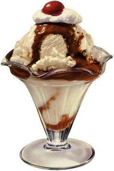 an ice cream sundae with chocolate sauce and cherries in a glass dish on a white background