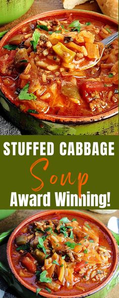 two pictures with the words stuffed cabbage soup award winning in red and green, on top of