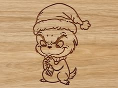 a wooden cutting board with an image of a cartoon character wearing a santa claus hat