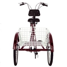 an orange bicycle with a basket on the front and back wheel, against a white background