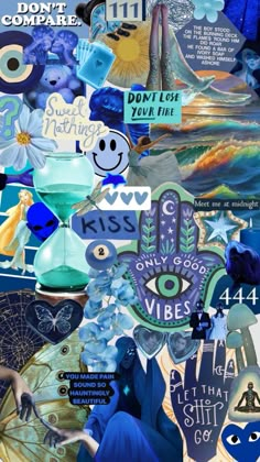 the collage is made up of many different things in blue and green colors, including an eye