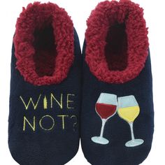 Navy Blue Slipper With Burgundy Trim, "Wine Not", Red And White Wine Glasses Made From 100% Polyester With Non-Skid Soles. Machine Washable, Tumble Dry On Low Heat, Do Not Bleach. Made In China. Sizing: Small: 5/6, Medium: 7/8, Large: 9/10, Xl: 11/12 Gifts For Older Women, Funny Slippers, Fun Slippers, Blue Slippers, Cute Slippers, Presents For Women, Soft Slippers, Slippers For Women, Fuzzy Slippers