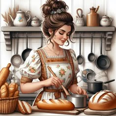 a painting of a woman cooking in the kitchen with bread on the counter and baking utensils