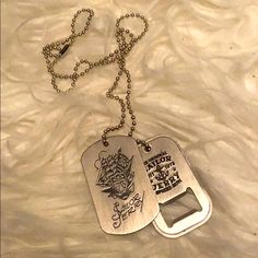 Brand New Sailor Jerry Chain Dog Tag Necklace. Has Imprint Of A Ship On The One Tag And A Bottle Opener On The Other. Classic Tarnish-resistant Dog Tag Jewelry, Stainless Steel Dog Tag Necklace With Chain, Mens Dog Tag Necklace, Vintage Silver Dog Tag Necklace, Dog Tags Military, Sailor Jerry, A Ship, Dog Tag, Tag Necklace