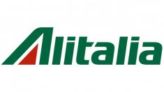 the logo for alltalia is shown in green and red letters on a white background