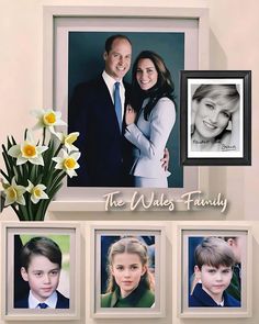 a family portrait with flowers and pictures on the wall