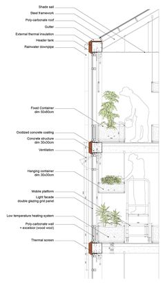 an architectural diagram shows the various parts of a house and its surrounding walls, including plants