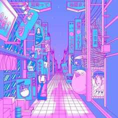 this is an illustration of a pink and blue cityscape with neon signs on the buildings