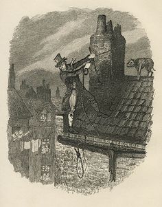 an old drawing of a man on top of a roof with a dog standing next to him