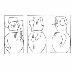 three drawings of people with different facial expressions, one is holding a broom and the other has