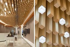 the interior and exterior of a store with wooden panels on the ceiling, along with lights hanging from the ceiling