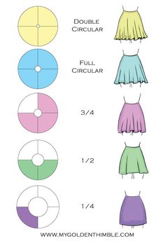 four different skirts with the same color and size for each skirt, all in different colors