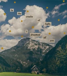 a collage of mountains with words written on them and stars in the sky above