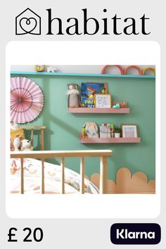 a bed room with two shelves on the wall and a pink fan hanging above it