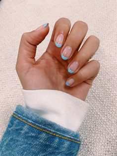 Light Blue French Tip, Blue Square Nails, French Manicures, Tip Nails, Sparkly Nails, Minimalist Nails