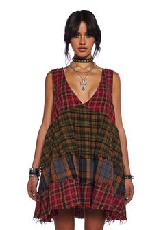 Current Mood Grunge Tiered Mixed Plaid Raw Hem Babydoll Dress - Multi Tiered Dress Mini, Fall Fashion Mom Casual, 90s Babydoll Dress Grunge, Crochet Babydoll Dress Pattern, Distressed Denim Dress, Plaid Fall Dress, Mixed Pattern Dress, Soft Grunge Dress, Modern Western Clothing