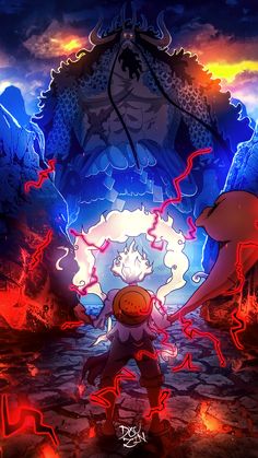 an anime character is surrounded by fire and lava