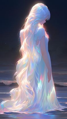 a woman with long white hair standing in the ocean at night wearing a flowing dress