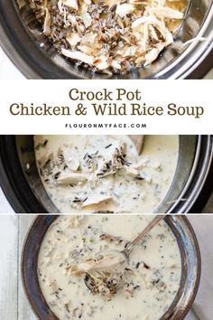 crock pot chicken and wild rice soup in an instant pressure cooker with spoons