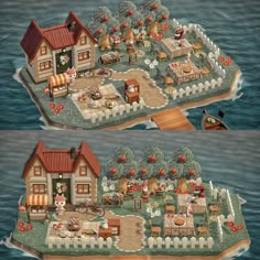 two pictures of a house on an island in the ocean