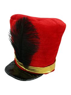 a red hat with black feathers on it