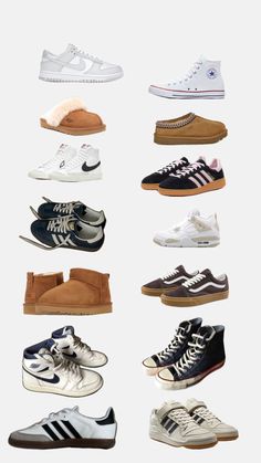 many different types of shoes are shown in this image, with the same color and size