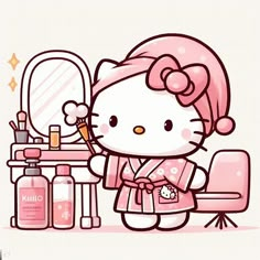 the hello kitty is getting ready for her big day at the beauty salon with her hair and make - up brush