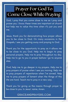 a blue and white prayer card with the words, prayer for god to come close while praying