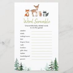 a baby shower game with woodland animals on it's back and the words word scramble written